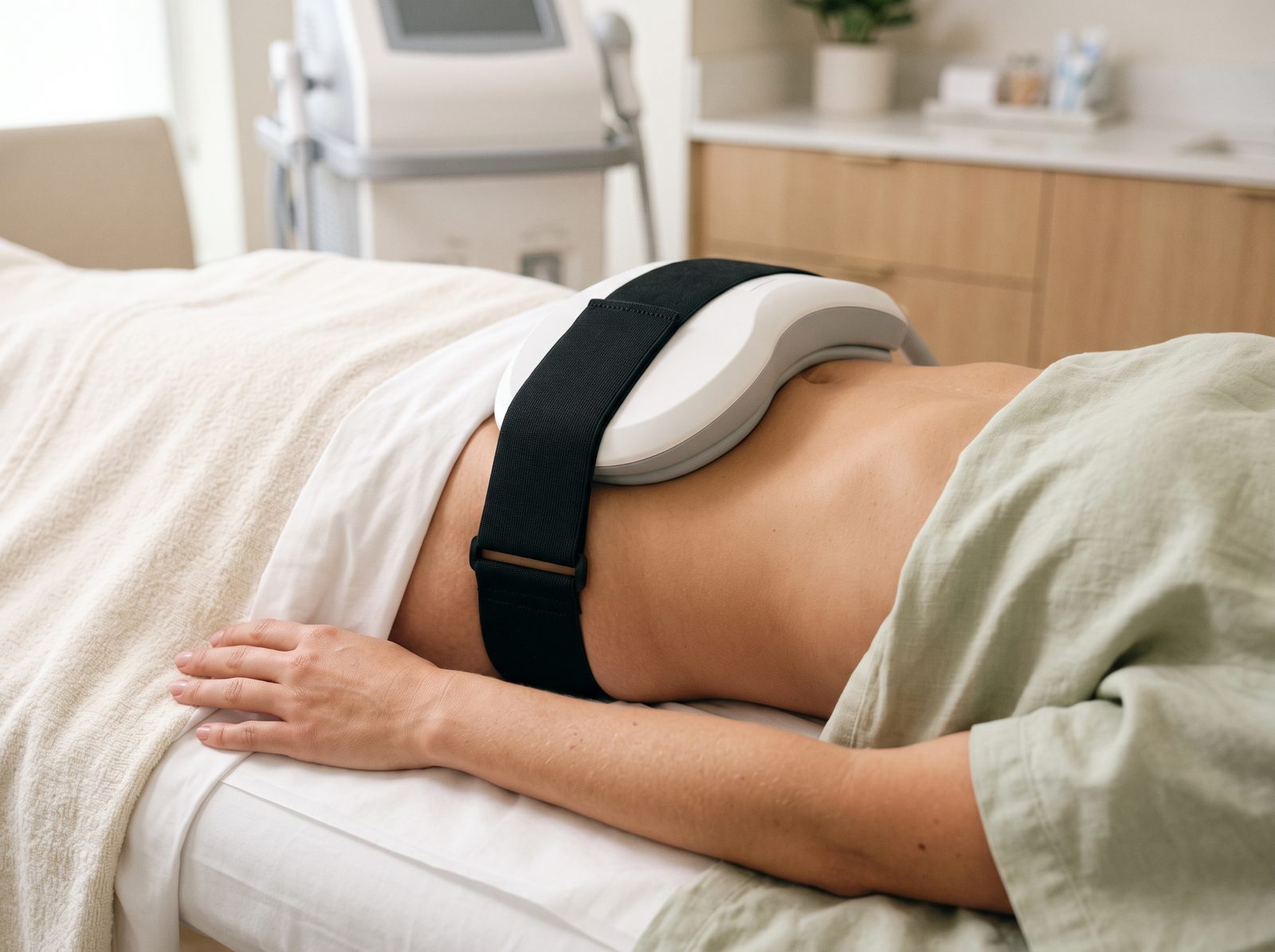 Emsculpt Neo applicator secured over a patient’s abdomen in a bright treatment room